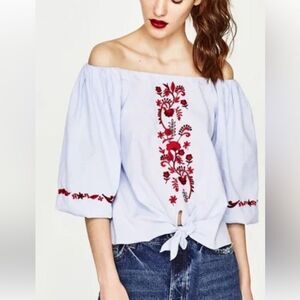 Zara Boho Blue Red Top Balloon Sleeves Off Shoulder Tie Floral Spring  Sexy XL